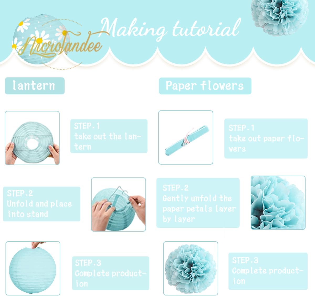 NICROLANDEE Daisy Birthday Party Decorations, 12 PCS Pastel Yellow Blue Paper Lanterns Tissue Pom Poms Decor for Mother's Day, Daisy Theme Party, Garden Wedding Decorations