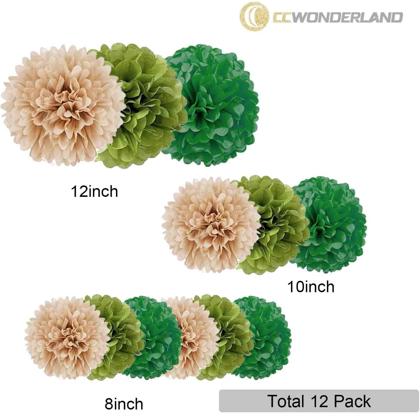 Olive Sage Green Tissue Paper Pom Poms-Tan Boho Tissue Paper Flowers-12PC Wall Hanging Decorations for Wild Safari Jungle Botanical Greenery Neutral Wedding Baby Shower Decorations