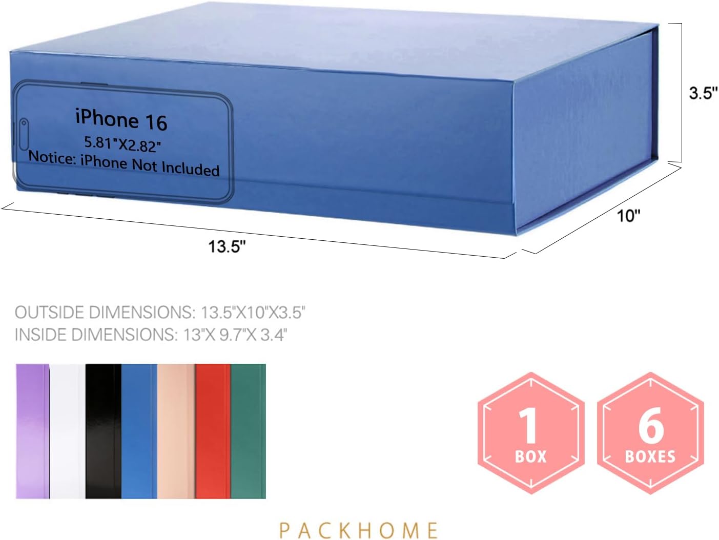 PACKHOME Large Gift Box 13.5x10x3.5 Inches, Sturdy Shirt Box with Magnetic Lid for Multiple Occasions (Glossy Blue)