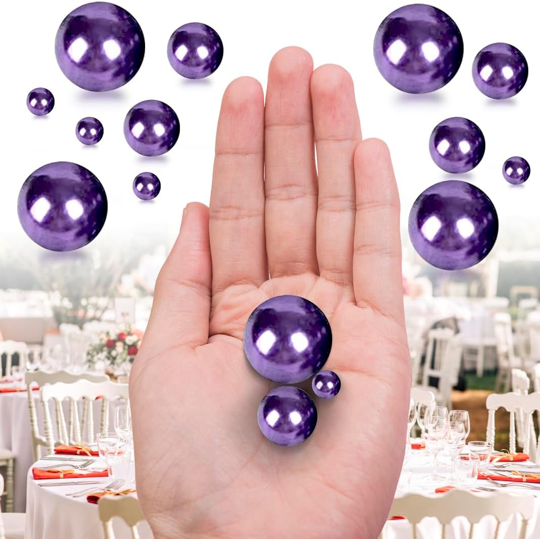 300Pcs Dark Purple Polished No Hole Faux Pearl Beads for Vase Filling Decorations, Plastic Pearls Vase Fillers, Table Scatters, Wedding Centerpiece, Home Decor, 8/14/20 mm