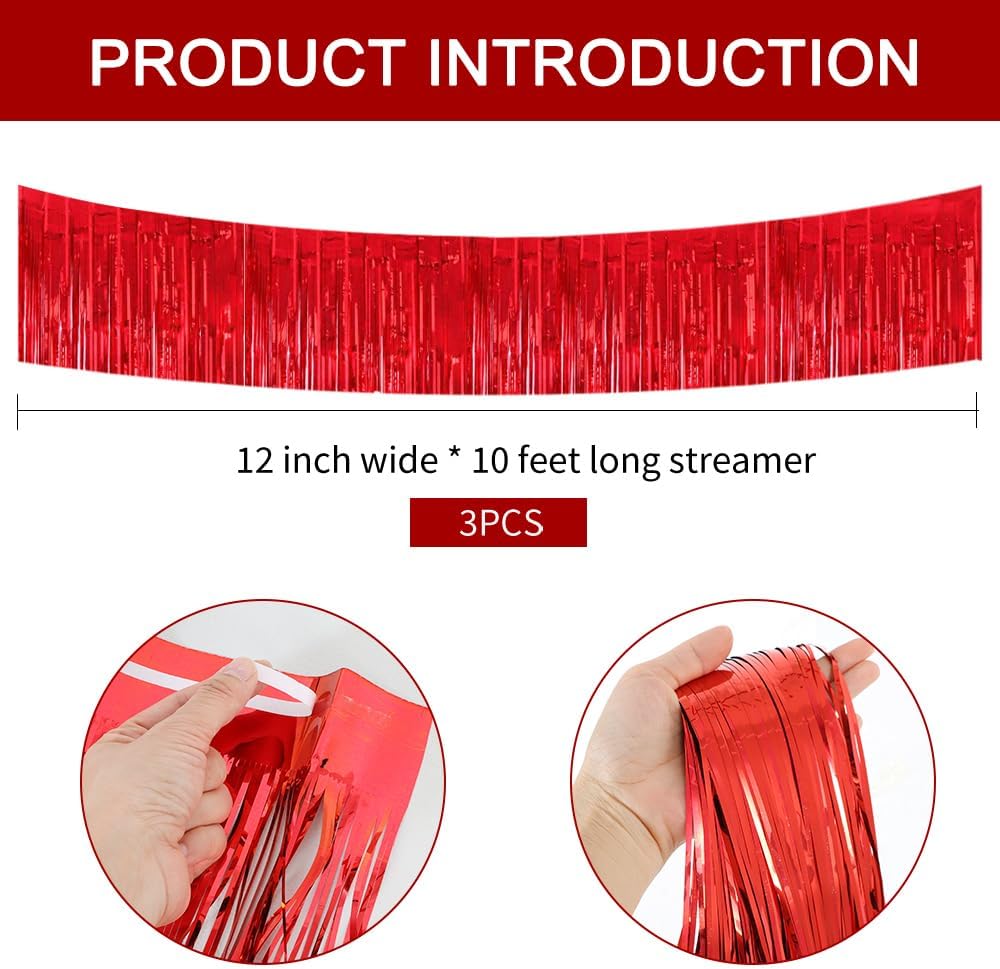 BEISHIDA 3 Packs 30 Feet Metallic Foil Fringe Garland Tinsel Streamers，Shiny Red Wall Hanging Tinsel Fringe Banners for Wedding Birthday Party Decoration Halloween Christmas New Year
