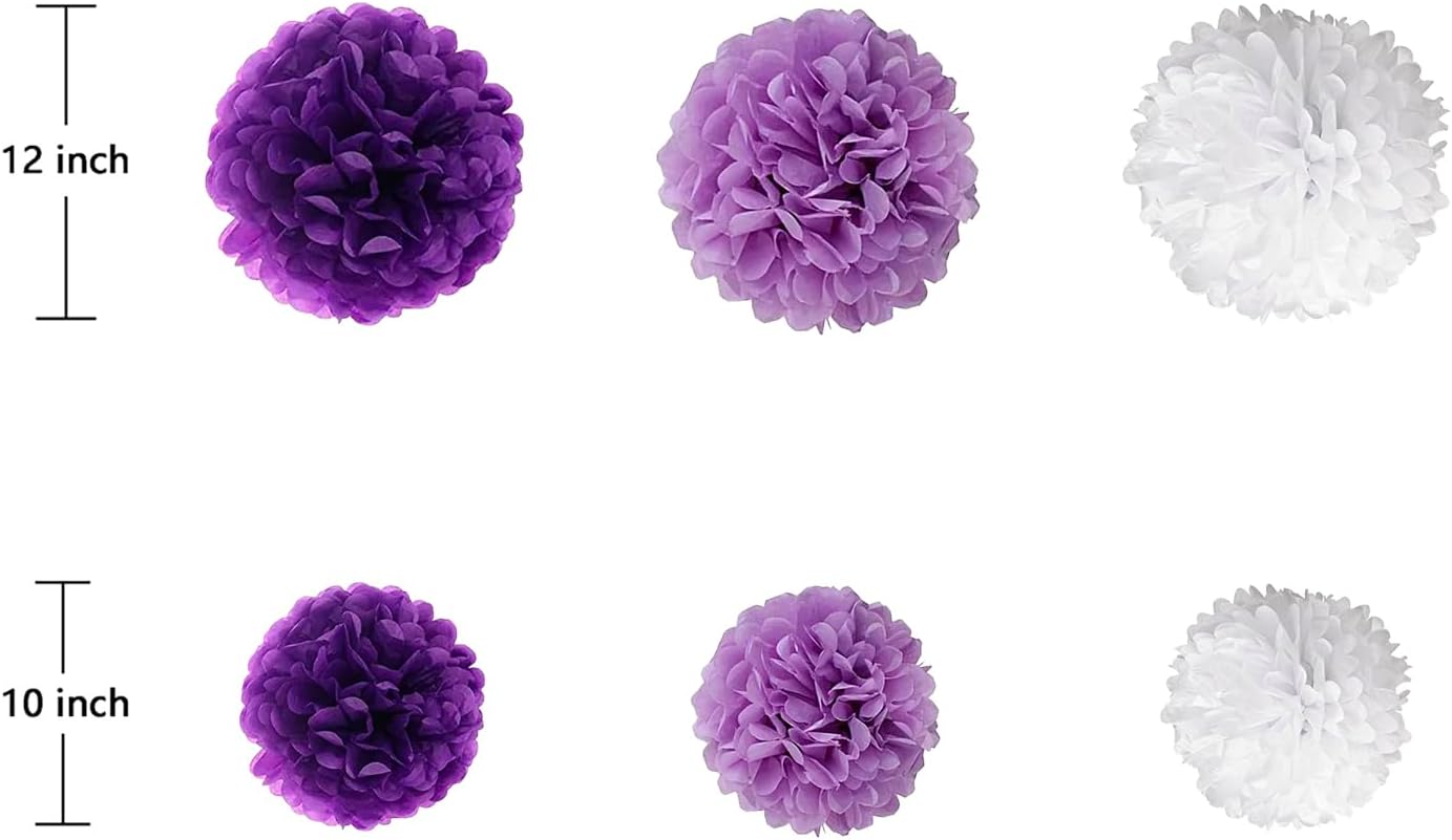 ZOOYOO Purple White Lavender Paper Pom Poms for Women Girl Birthday Party Anniversary Engagement Bridal Shower Ceiling Hanging Tissue Flowers Decorations 12PCS