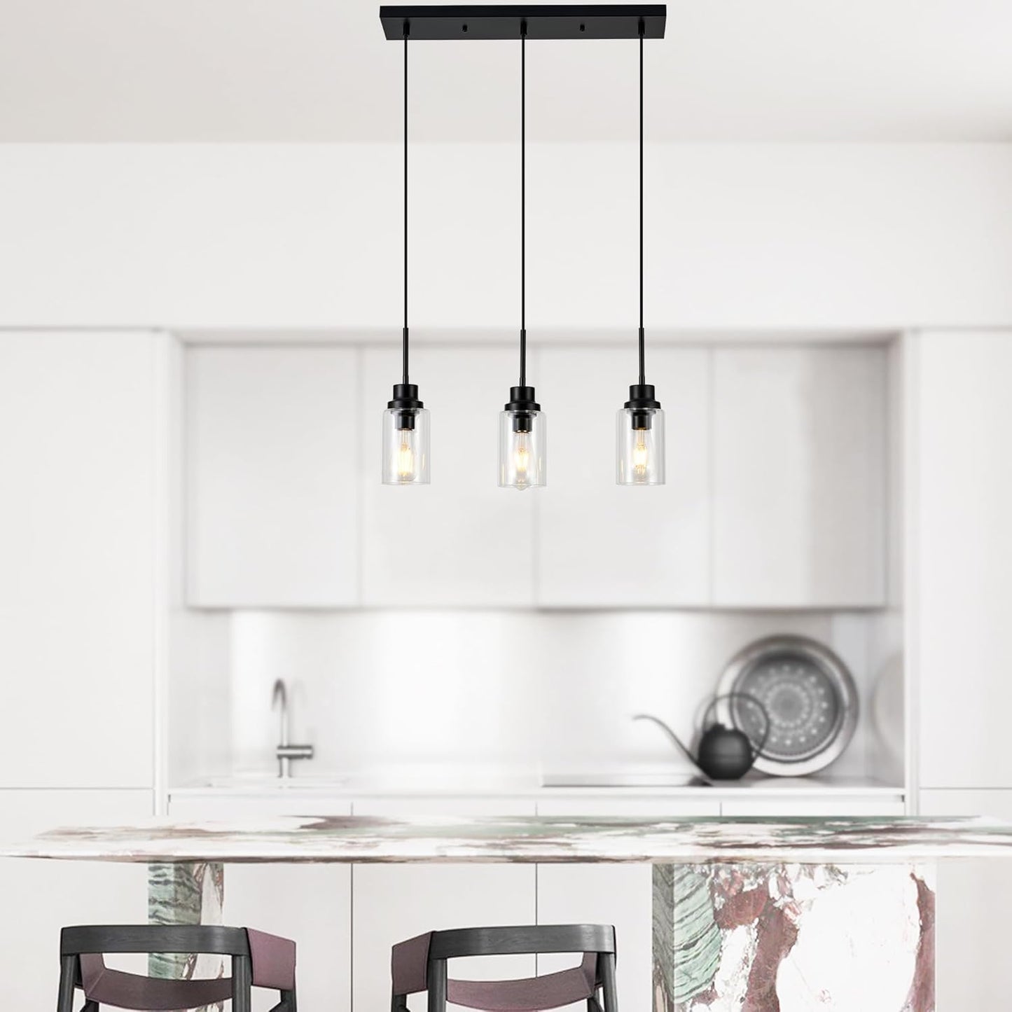 3-Lights Pendant Light Fixtures, Modern Black Kitchen Island Lighting with Clear Glass Shade, Adjustable Hanging Ceiling Lamp