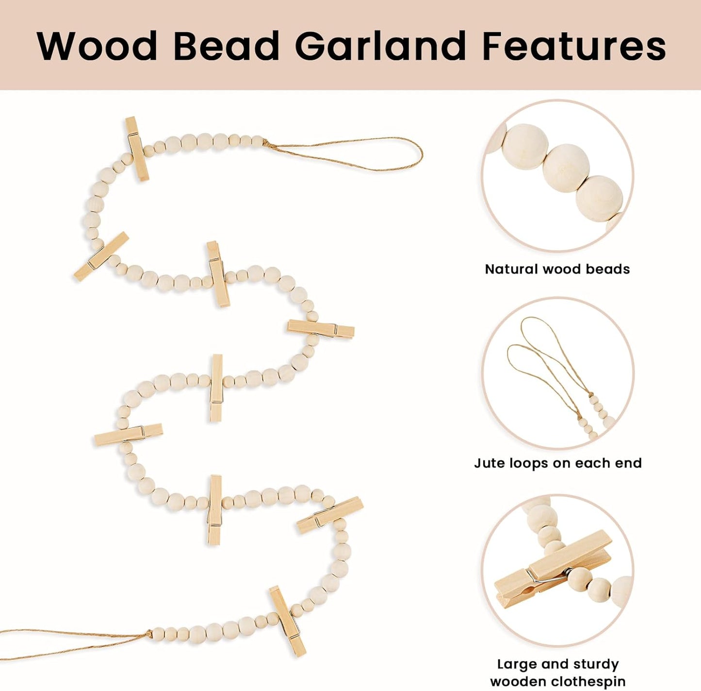 Hanging Photo Display Wall Decor, 2PCS Boho Wooden Bead Garland Collage Picture Frame with 9 Wood Clips for Bedroom, Living Room, Office, Dorm Decor, Photos Holder Teen Girl Gifts