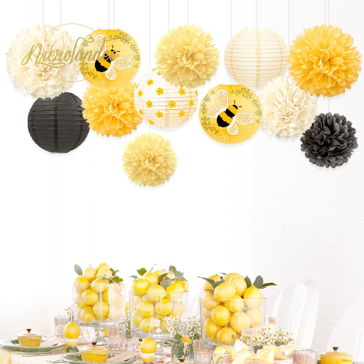 NICROLANDEE Bee Party Decorations, 12PCS Yellow Hanging Paper Lanterns Tissue Pom Poms Decor for Bee Day Party, Bee Themed Birthday Decorations, Yellow Flower Bumble Baby Shower