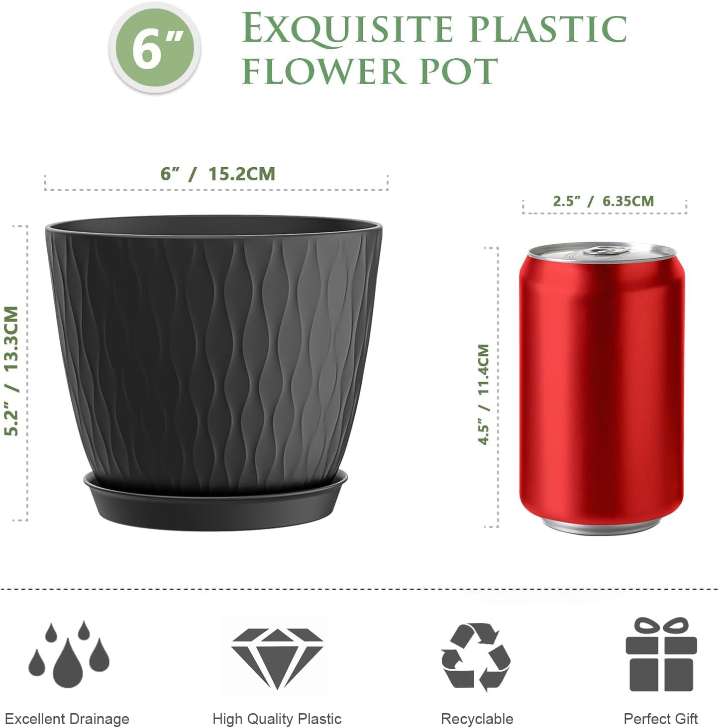 6 inch Plant Pots, 5 Pack Flower Pots with Drainage Holes and Saucers for Indoor Plants, Plastic Planters with Water Ripple for Small Garden House Plants, Nursery Pots for Succulent, Black