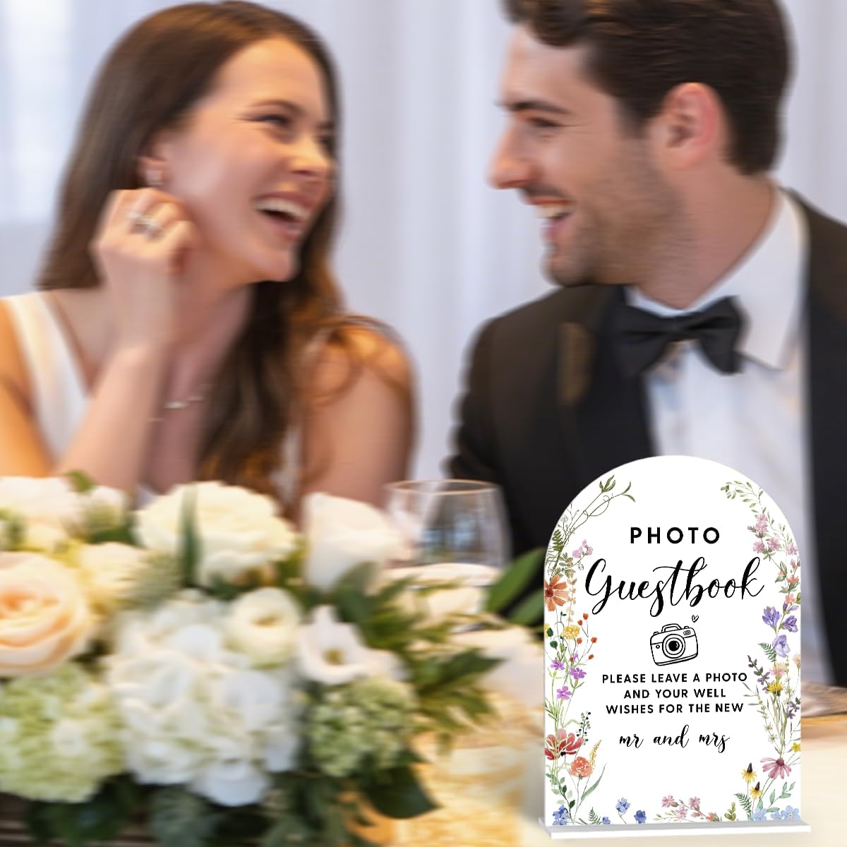 Acrylic Wedding Signs, Photo Guestbook Signs for Marriage Reception, Bridal Shower Decorations, Modern Arched Round Top Acrylic Table Top Sign with Holder for Wedding Party Dinner (White Wildflowers)