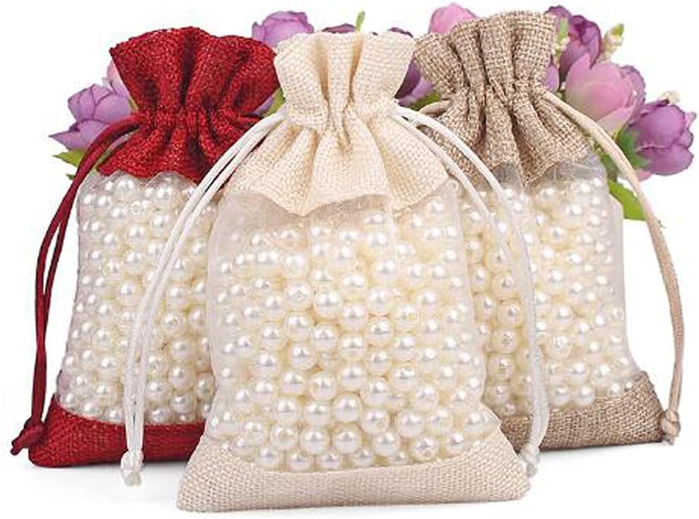 50 Pcs Burlap Bags with Drawstring,3.9"x5.5" Gift Bags Jewelry Pouch Bags for Candy Packing Party Favors Wedding Holiday DIY Craft(Pink)