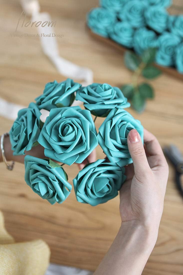 Floroom Artificial Flowers 25pcs Real Looking Teal Green Foam Fake Roses with Stems for DIY Wedding Bouquets Baby Shower Centerpieces Party Tables Home Decorations