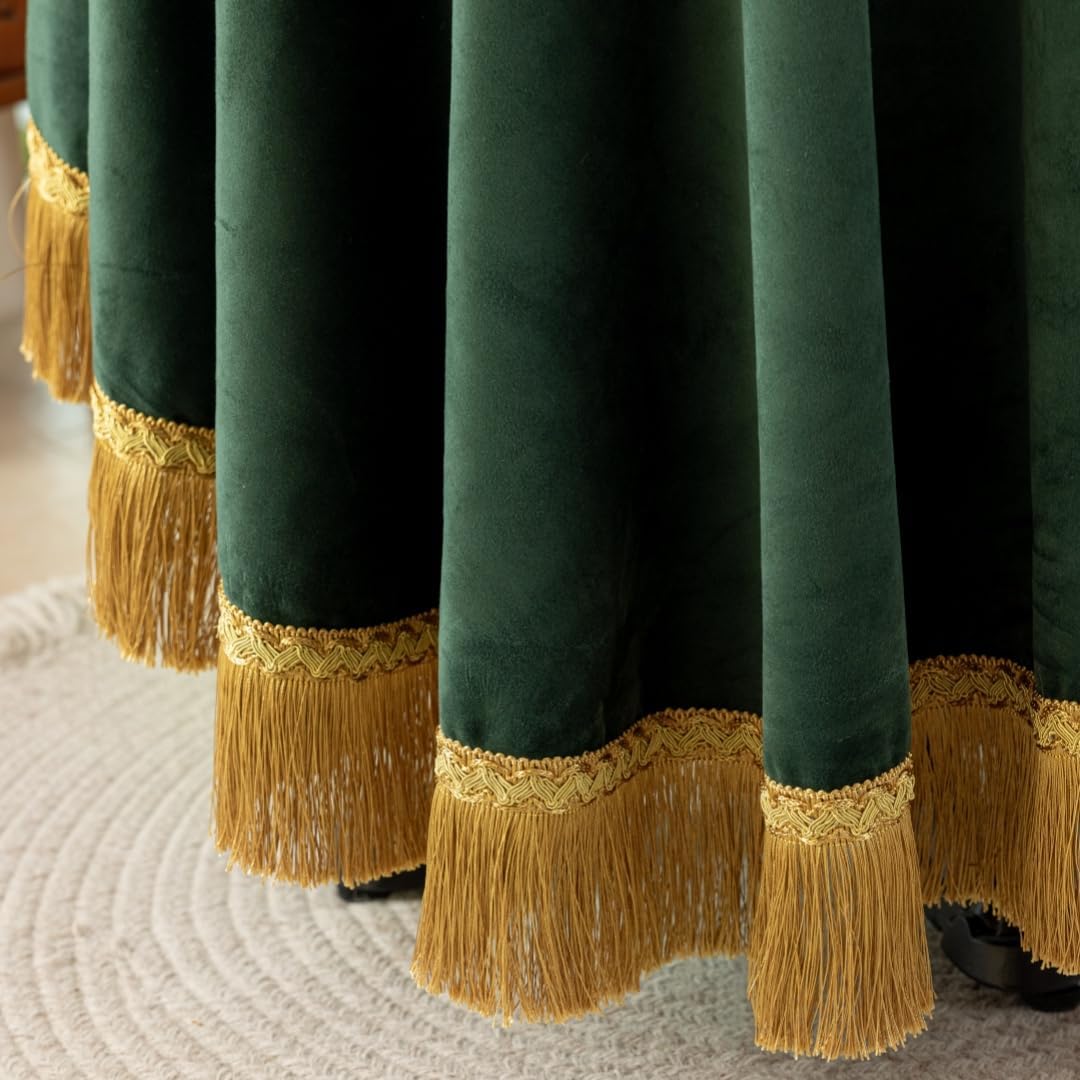 F-CHU Luxury Green Tablecloth Thickset Velvet Tablecloth with Beautiful Gold Tassels Vintage Table Cloth for Home Decor Wedding, Party, Banquet and Events 48" Round