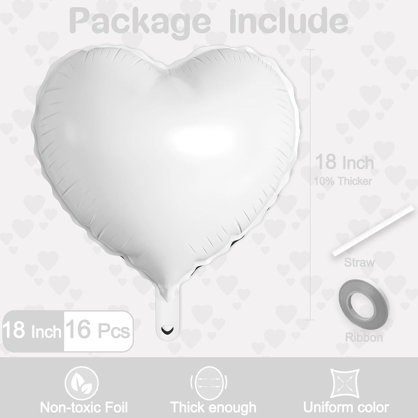16 Pcs Heart Balloons, 18 Inch White Love Heart Shaped Foil Balloons for Wedding Anniversary Birthday Party Valentine Decorations Baby Shower Bridal Shower Engagement Decorations Supplies