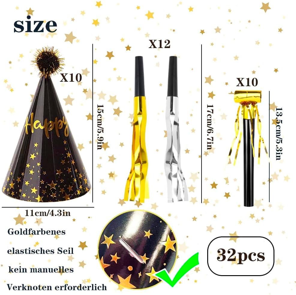 34 Pcs Birthday Party Hats - Gold Cone Hats Including 12 Paper Hats and 22 Noise Makers