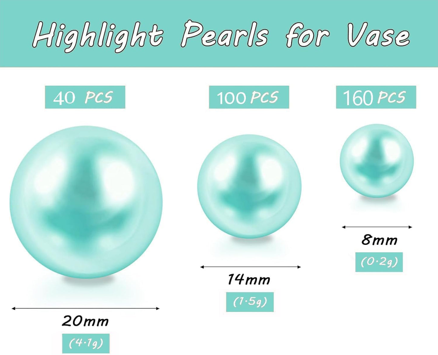 300Pcs Lake Blue Polished No Hole Faux Pearl Beads for Vase Filling Decorations, Plastic Pearls Vase Fillers, Table Scatters, Wedding Centerpiece, Home Decor, 8/14/20 mm