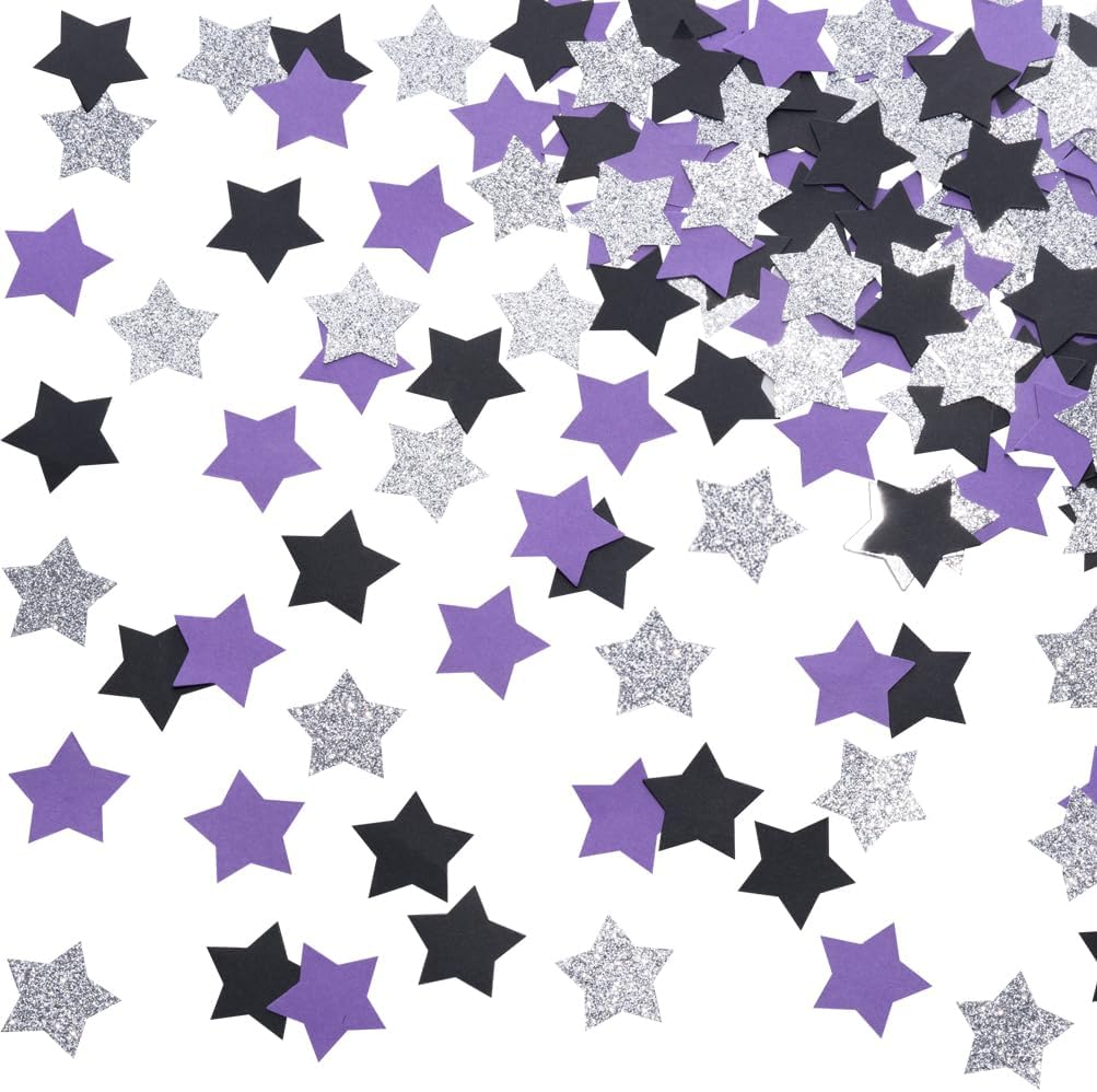 Purple Black and Silver Star Confetti Table Decoration for Birthday Retirement Graduation Bachelor Party,1.2 inch in Diameter,200 Counts