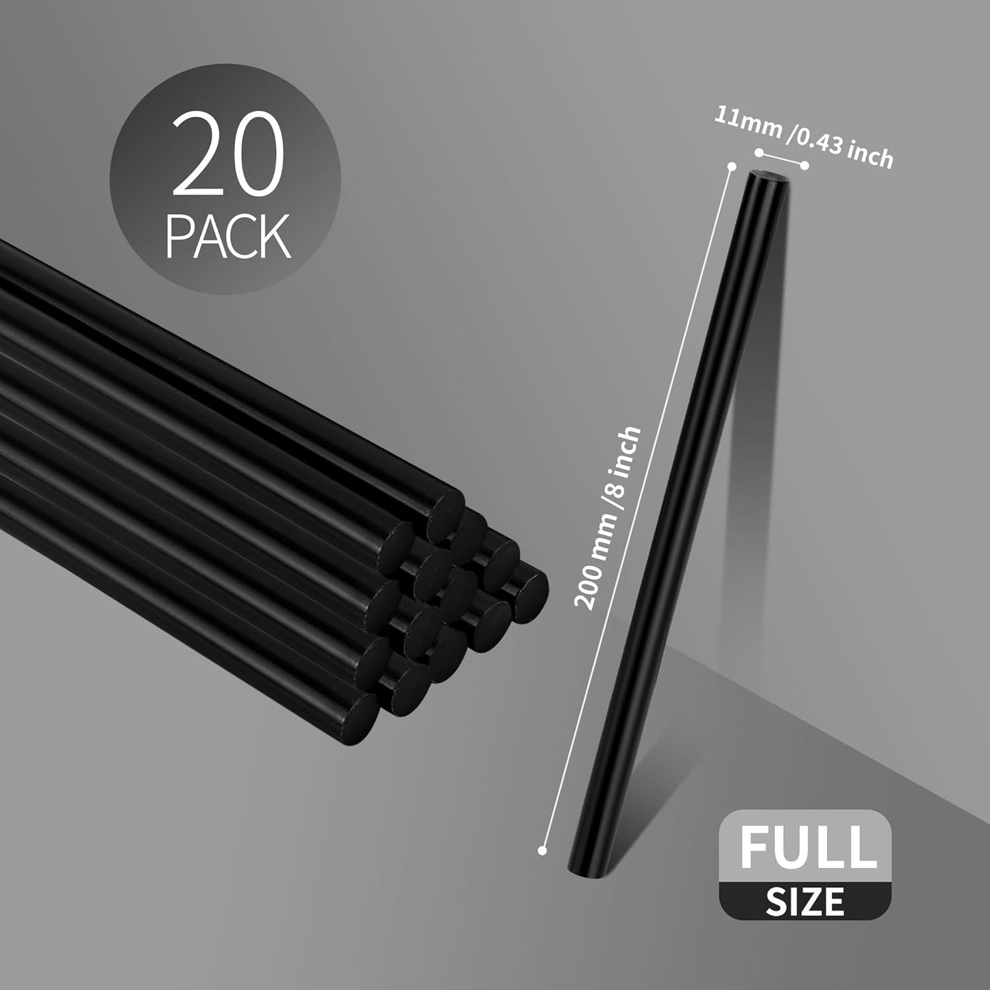 MATUFF Black Hot Glue Sticks Full Size 0.43” Dia x 8” Long, 20 pcs Hot melt Adhesive Glue Sticks, All-Purpose Glue Gun Sticks for DIY Black Crafting Arts and Wedding Cards, Stamp Sealing