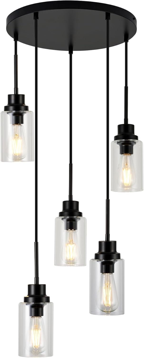 5-Light Kitchen Island Dimmable Pendant Lights with Clear Glass Shade, Black Finish for Dinning Room, Living Room, Kitchen Island