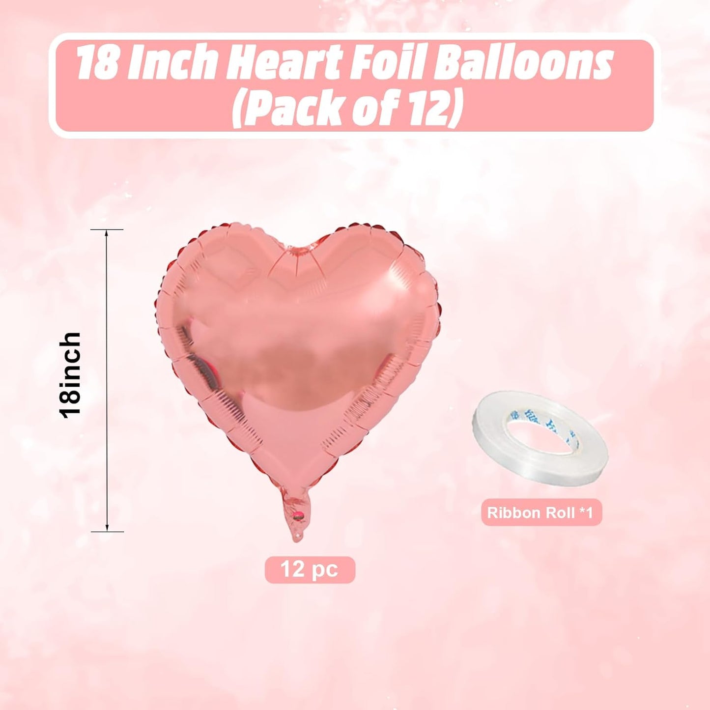 Pink Heart Balloons, 18 Inch Pink Heart Shape Balloon, 12PCS Heart Foil Helium Romantic Balloons for Girls Birthday Baby Shower Wedding Engagement Anniversary Party Decoration