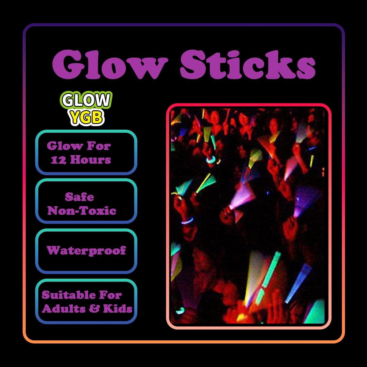 Glow Sticks in The Dark Party Supplies, 12 Hours Duration Emergency Glow Sticks Bulk Party Pack, Glow Party Supplies, Glow Sticks for Kids, Glow in The Dark Sticks Waterproof, Nontoxic
