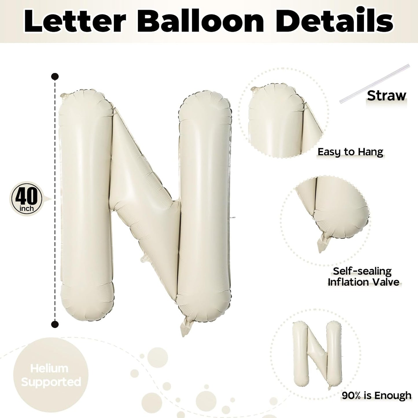 N Letter Balloons Cream, 40 Inch Alphabet Foil Word Balloon, Large Mylar Inflatable Beige Name Letters, Big Helium Custom White for Women Birthday Party Decoration Supplies