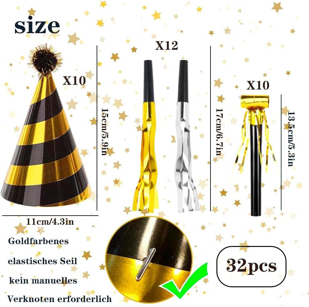 34 Pcs Birthday Party Hats - Gold Cone Hats Including 12 Paper Hats and 22 Noise Makers