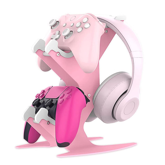 Controller Holder Pink, Game Controller Rack Headset Stand for Xbox Series X S/Xbox one / PS5 / PS4 / NS/PC/Headset, Aluminum Metal Headset Mount Universal Organizer for Video Game Accessories