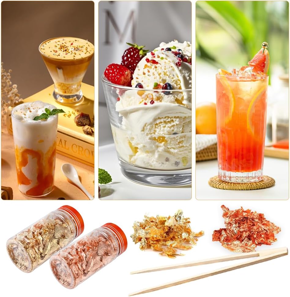 Gold Flakes for Resin, 2 Bottles 10g Imitation Golden Foil Gilding Flake Metallic Leaf for Cake Decoration Chocolate Making Nails Painting Art Crafts with Bamboo Tweezers (Gold, Copper Colors)