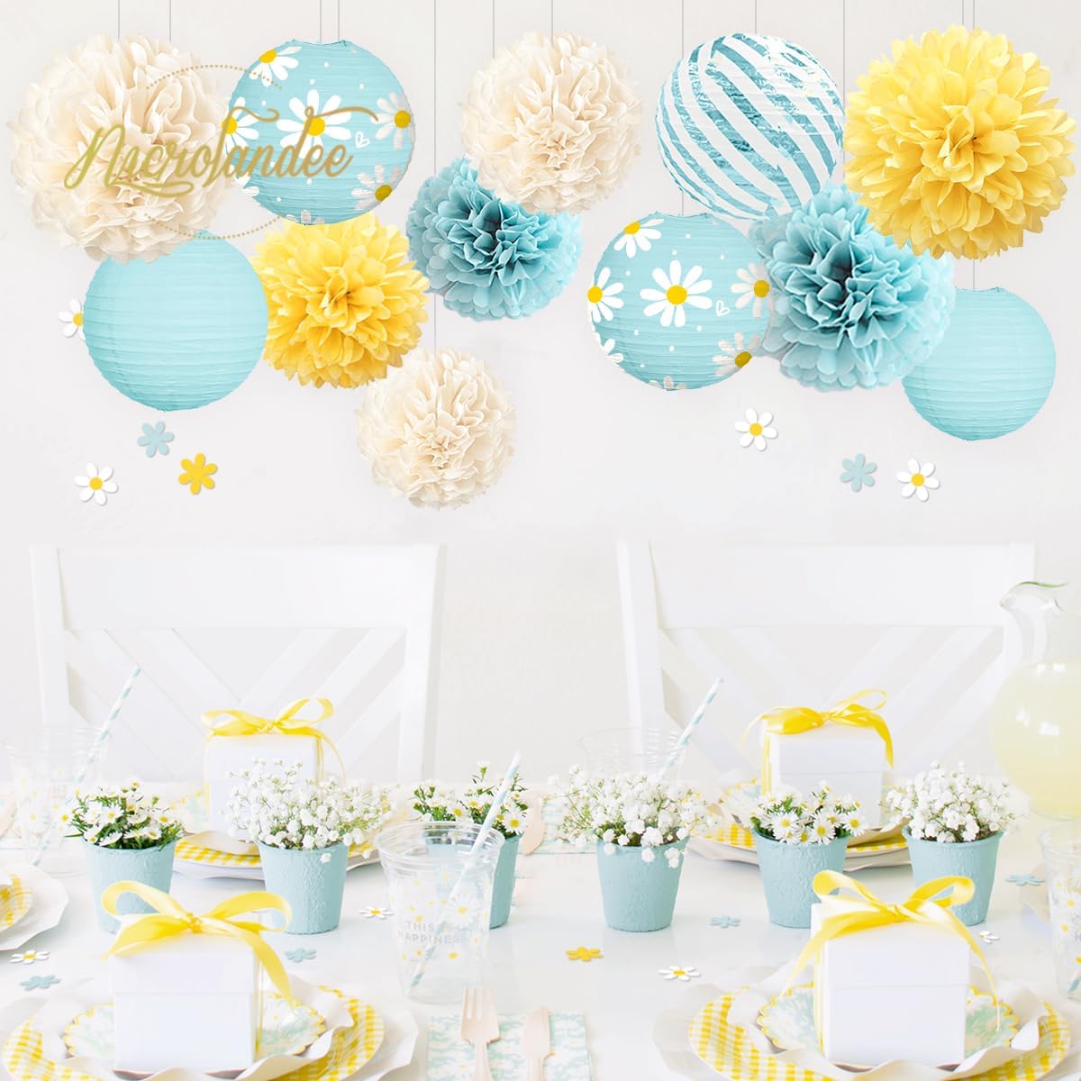 NICROLANDEE Daisy Birthday Party Decorations, 12 PCS Pastel Yellow Blue Paper Lanterns Tissue Pom Poms Decor for Mother's Day, Daisy Theme Party, Garden Wedding Decorations