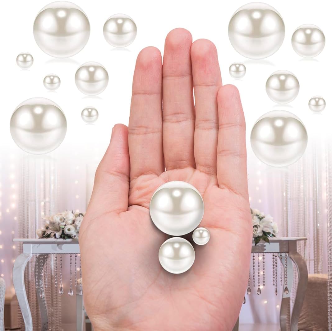 300Pcs White Polished No Hole Faux Pearl Beads for Vase Filling Decorations, Plastic Pearls Vase Fillers, Table Scatters, Wedding Centerpiece, Home Decor, 8/14/20 mm
