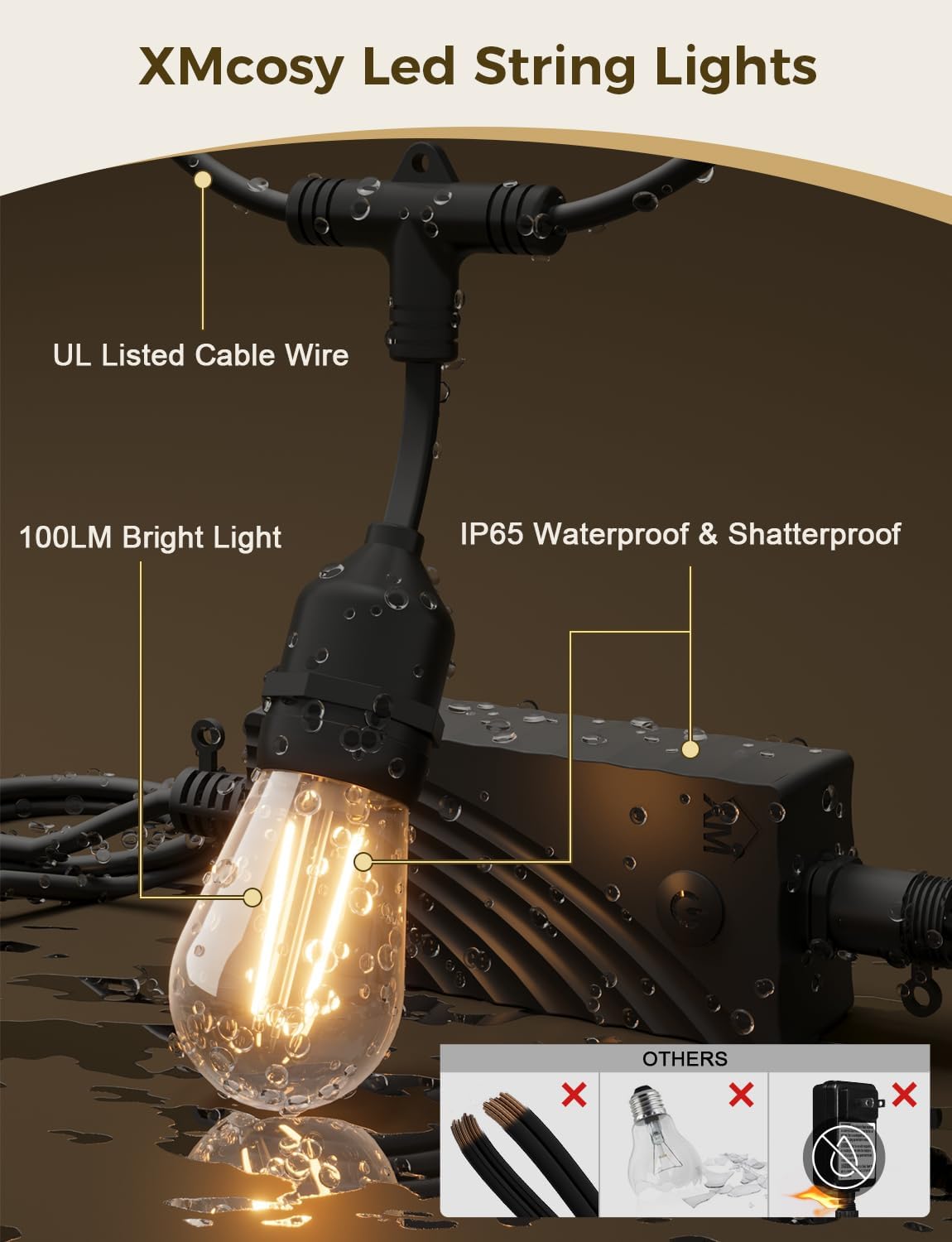 XMCOSY+ Smart Outdoor String Lights, 123Ft LED Patio Lights Waterproof IP65, App Control, Compatible with Alexa, Dimmable Edison Bulbs Outdoor Light for Yard Porch Bistro Outside