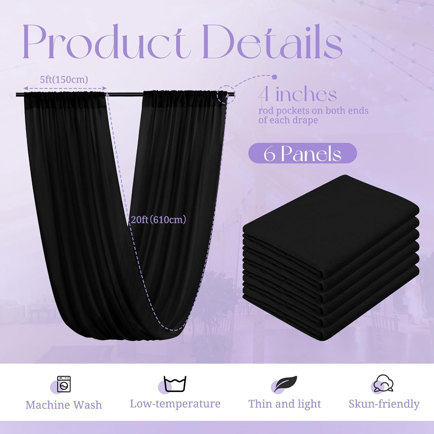 6 Panels Black Ceiling Drapes for Wedding, 5ftx20ft Ceiling Drapes Cheesecloth Sheer Fabric Curtain Wedding Arch Draping Fabric Romantic Ceilings Decorations for Weddings Party Ceremony Stage