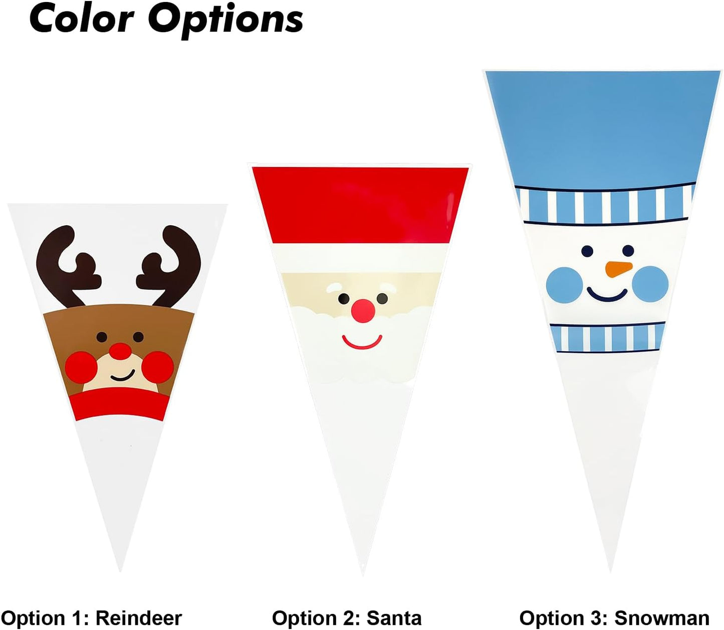 EKAPACKAGING 50Pcs 7x15 Inches Snowman Print Cone Shaped Treat Bags with Ties, Christmas Clear Cellophane Bags, Party Favor Bags for Popcorn, Cookies, Cotton Candy, Gift, and Pretzel Rod