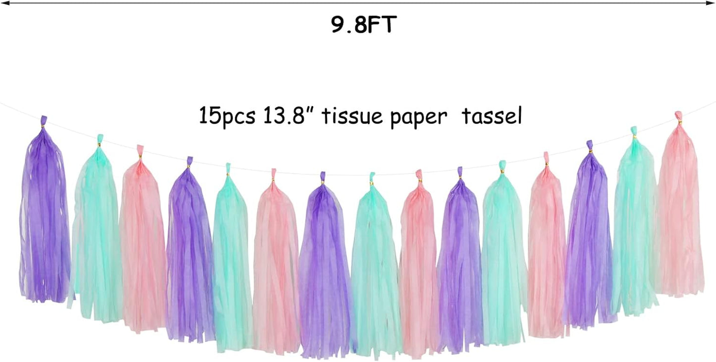 Pink-Purple Mint Mermaid Ocean-Themed Party-Decorations - 15pcs Tassel Garland Streamers Wedding Birthday Engagement Baby Bridal Shower Tassels Banner Decor Panduola