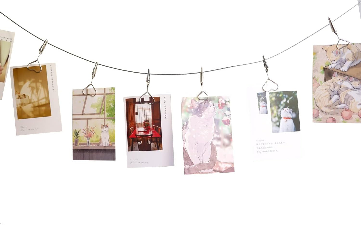 Multi-Purpose Steel Wall Hanging Photo Display Cable Wire Rod with 12 Adjustable Clips for Hanging Photos Notes Postcard and Artworks (Heart)