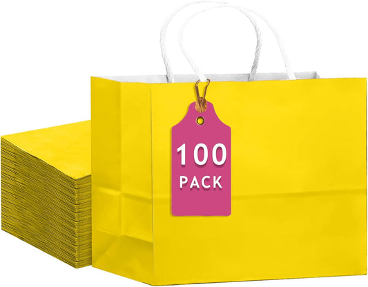qiqee 100PCS Large Gift Bag with Handles Bulk 13"x4.5"x10" Gift Bags Bright Yellow Multiple Uses (32x11x25cm,Wide Large)