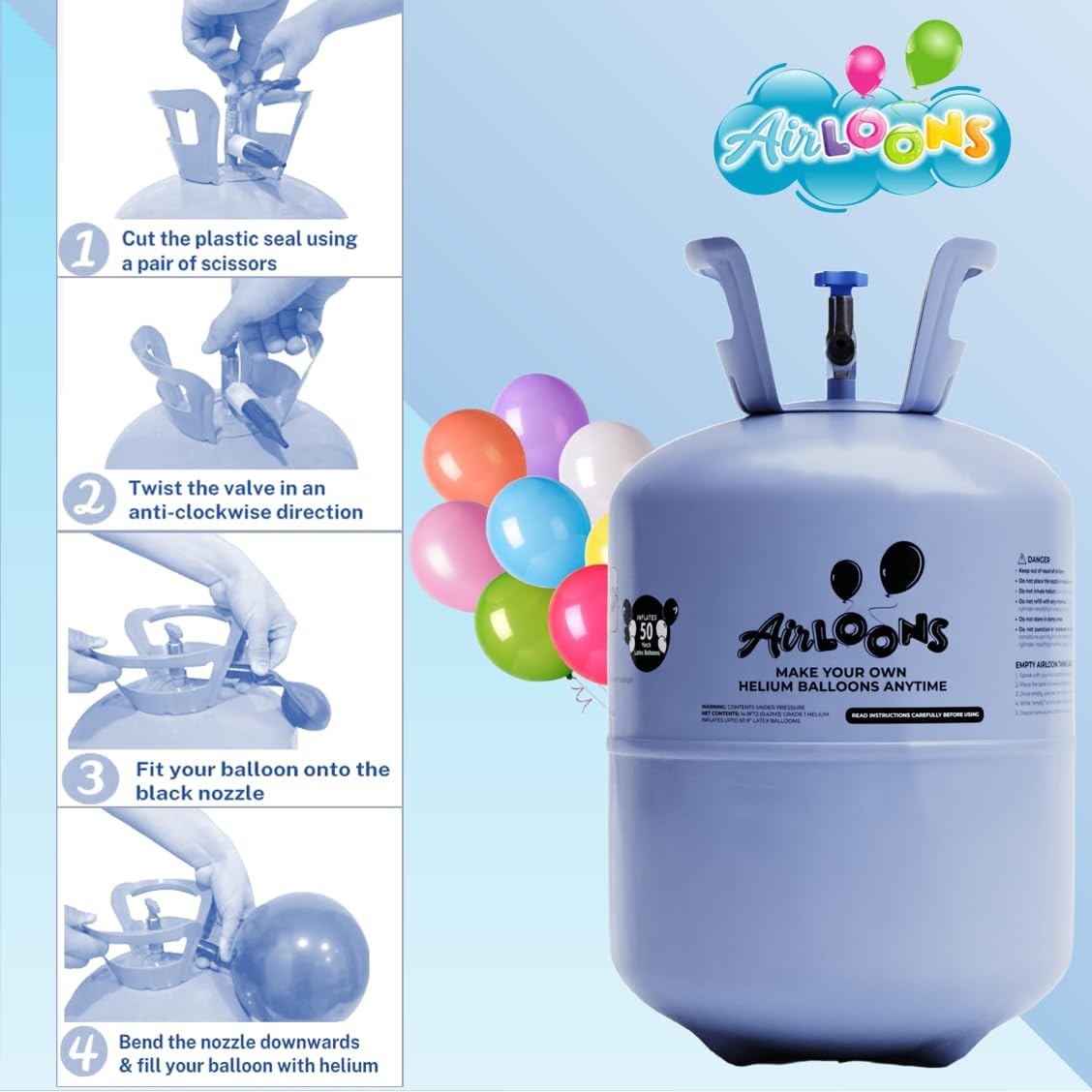 Airloons Helium Balloon Kit with 14.9 Cu Ft Tank – Includes 50 Multicolor 9 inch Latex Balloons, Ribbon & Easy to Fill Nozzle – Easy Setup for Birthdays, Weddings, Baby Showers, DIY Party Décor