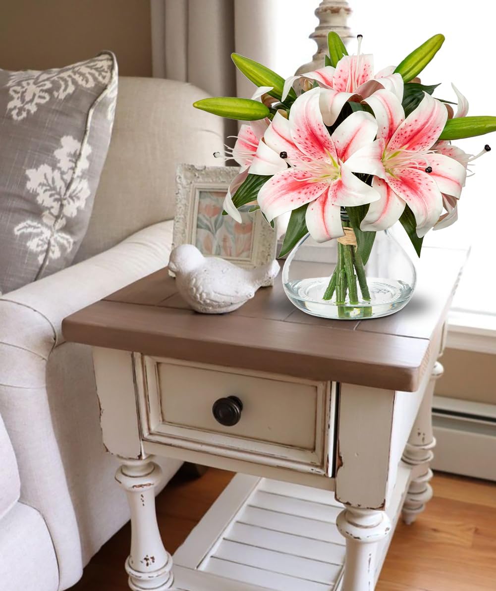 Artificial Flowers Tiger Lily Real Touch with Vase Easter Lily Pink Lilies Silk Faux Flowers Arrangements in Glass Vase with Faux Water Easter Decor Fake Floral Bulk Bouquet for Office Home Decor