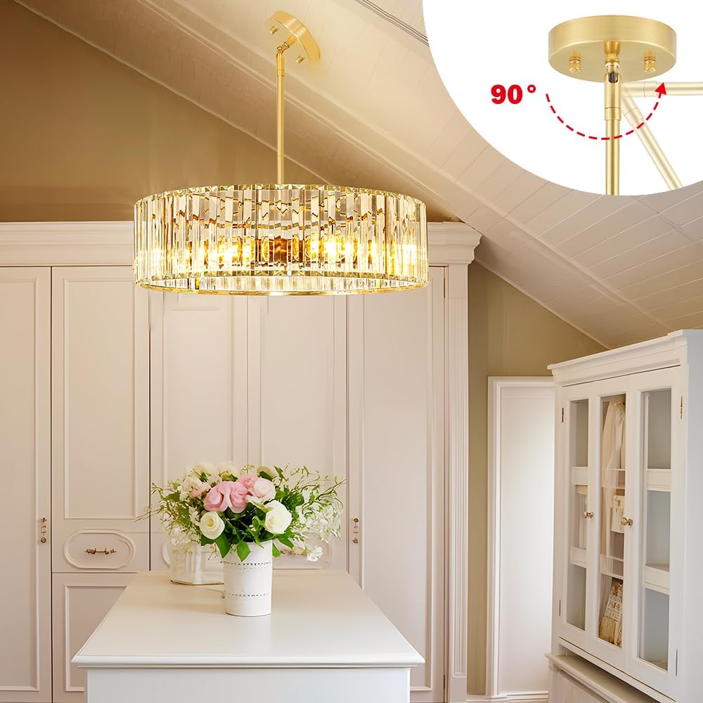 Gold Crystal Chandelier for Dining Room, 6-Light Modern Semi Flush Mount Ceiling Lighting Fixtures, Round Kitchen Fixtures Ceiling, Hanging Drum Pendant Lights for Living Room Bedroom Foyer, 19IN, E26