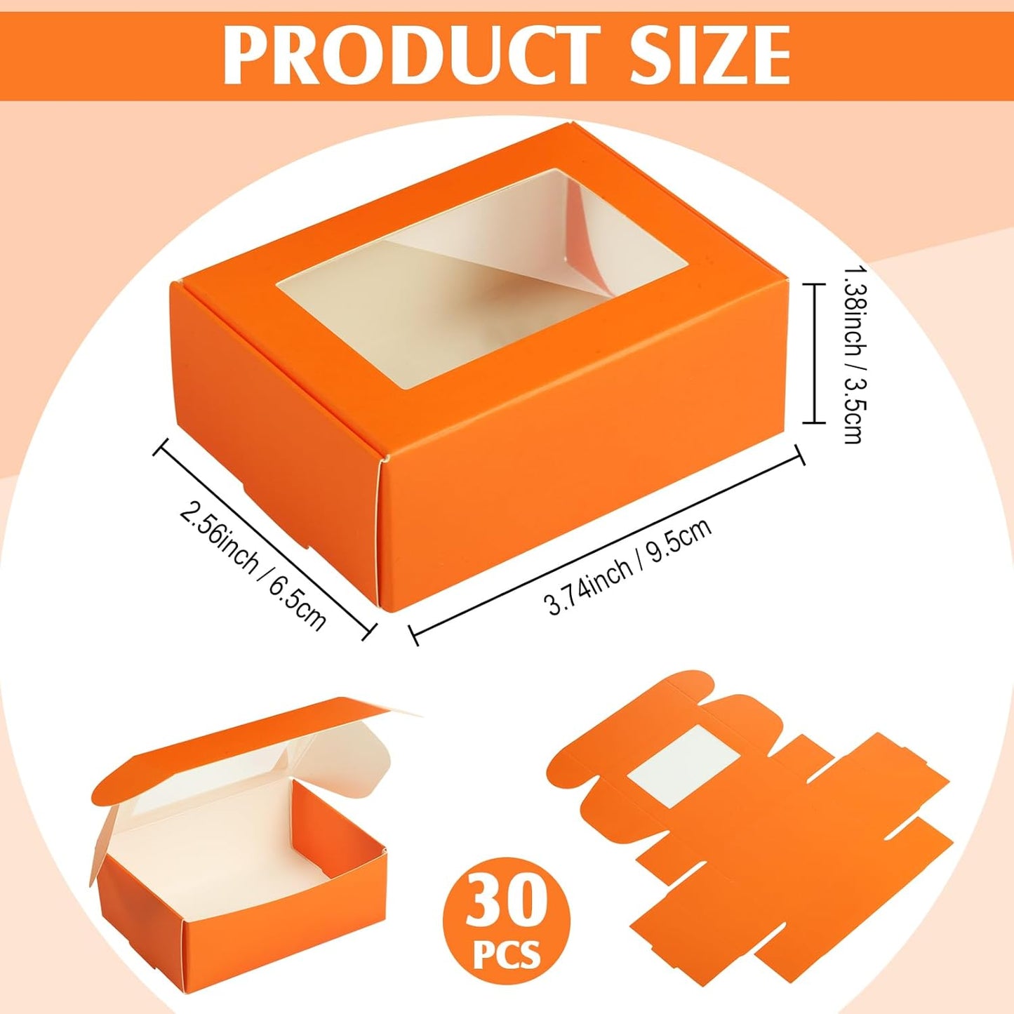 Zonon 30 Pcs Soap Boxes for Homemade Packaging, Mini Kraft Treat Boxes with Window for Bakery Candy Soap Making Gift Packaging(3.7 x 2.6 x 1.37 Inch,Orange)