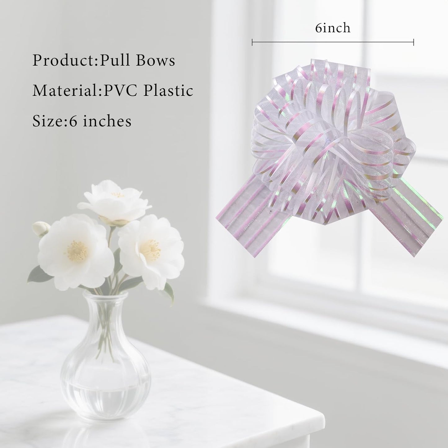 6 Pcs 6 Inch Large Organza Pull Bow Ribbon – Elegant Gift Bows for Wedding Decorations, Christmas Wrapping, Birthday Parties, Car Decor, Gift Baskets, and Valentine's Day Packaging(White)