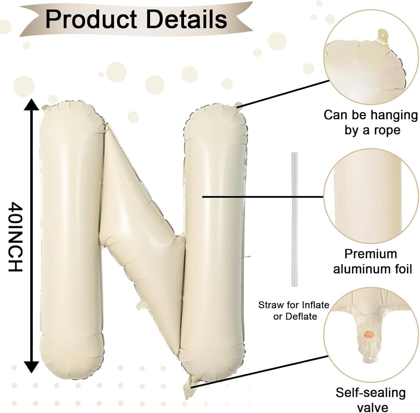 40 Inch Letter Balloons N, Big Custom A-Z Alphabet Foil Name Balloon Cream White, Self Inflating Beige Customize Helium Balloon Letters N for Women Girls Birthday New Year Baby Shower Party Decoration