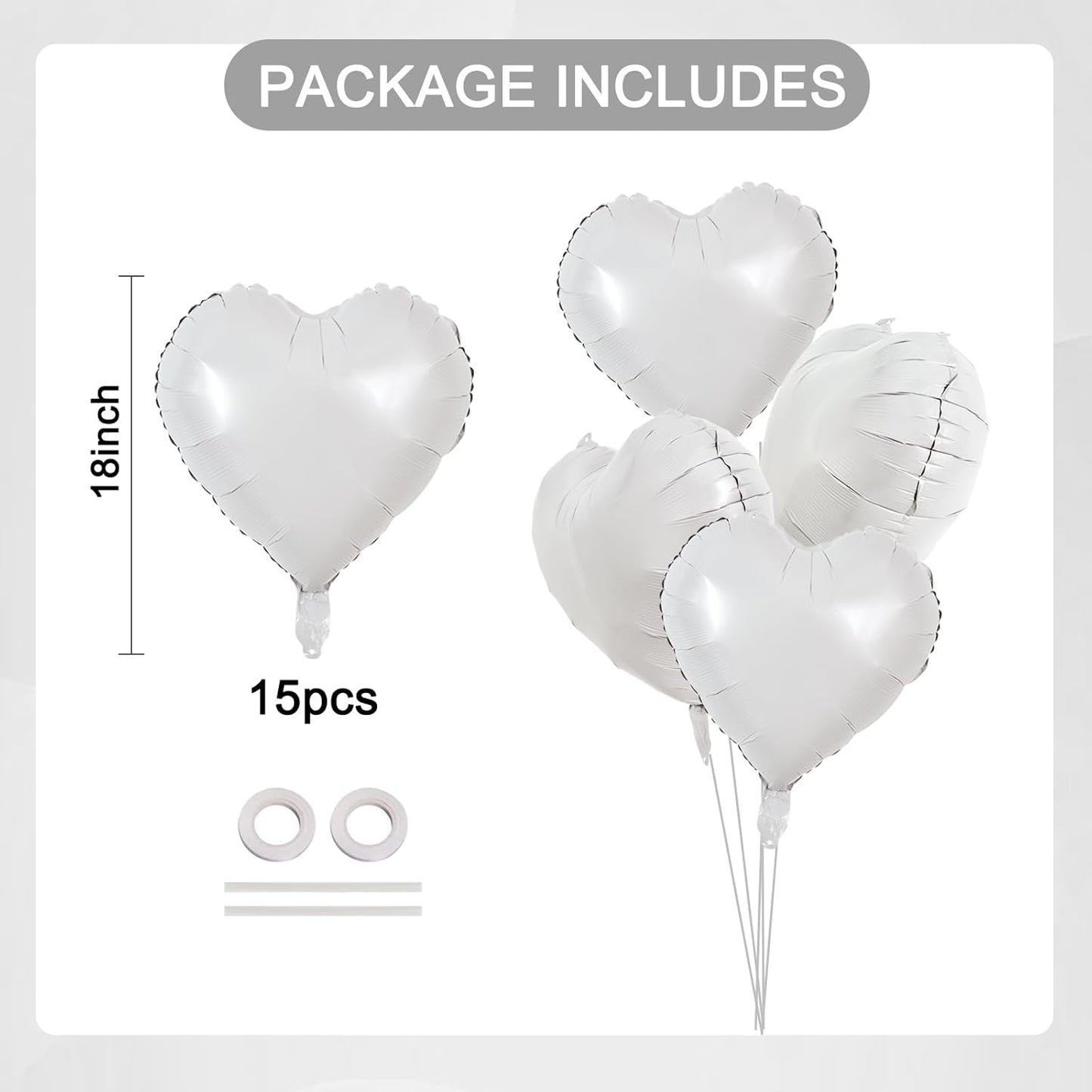 TONIFUL 15Pcs 18 Inch White Heart Balloons White Heart Shape Foil Mylar Balloons Decoration for Birthday Valentine's Day Wedding Bridal Shower Anniversary Engagement Party Supplies