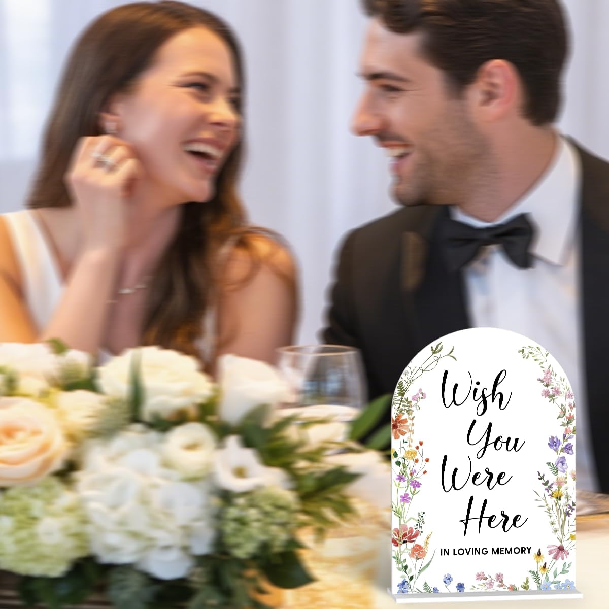 Acrylic Wedding Signs, Wish You Were Here Signs for Marriage Reception, Bridal Shower Decorations, Modern Arched Round Top Acrylic Table Top Sign with Holder for Wedding Party (White Wildflowers)