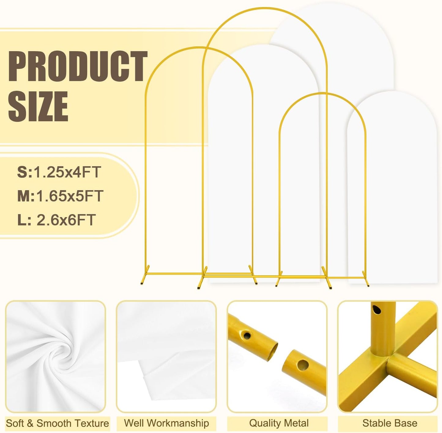 MODFUNS Metal Arch Backdrop Stand and Cover Set 4&5&6ft Gold Arch Backdrop Stand and White Arches Cover Balloon Arched Backdrop Frame with Covers for Wedding Ceremony Birthday Party Decor