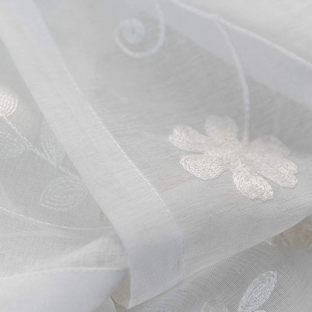 Floral Embroidery Sheer Curtains White 45 Inch Length, Rod Pocket Voile Drapes for Living room, Bedroom, Window Treatments Semi Crinkle Curtain Panels for Yard, Villa, Parlor, Set of 2, 52"x 45".
