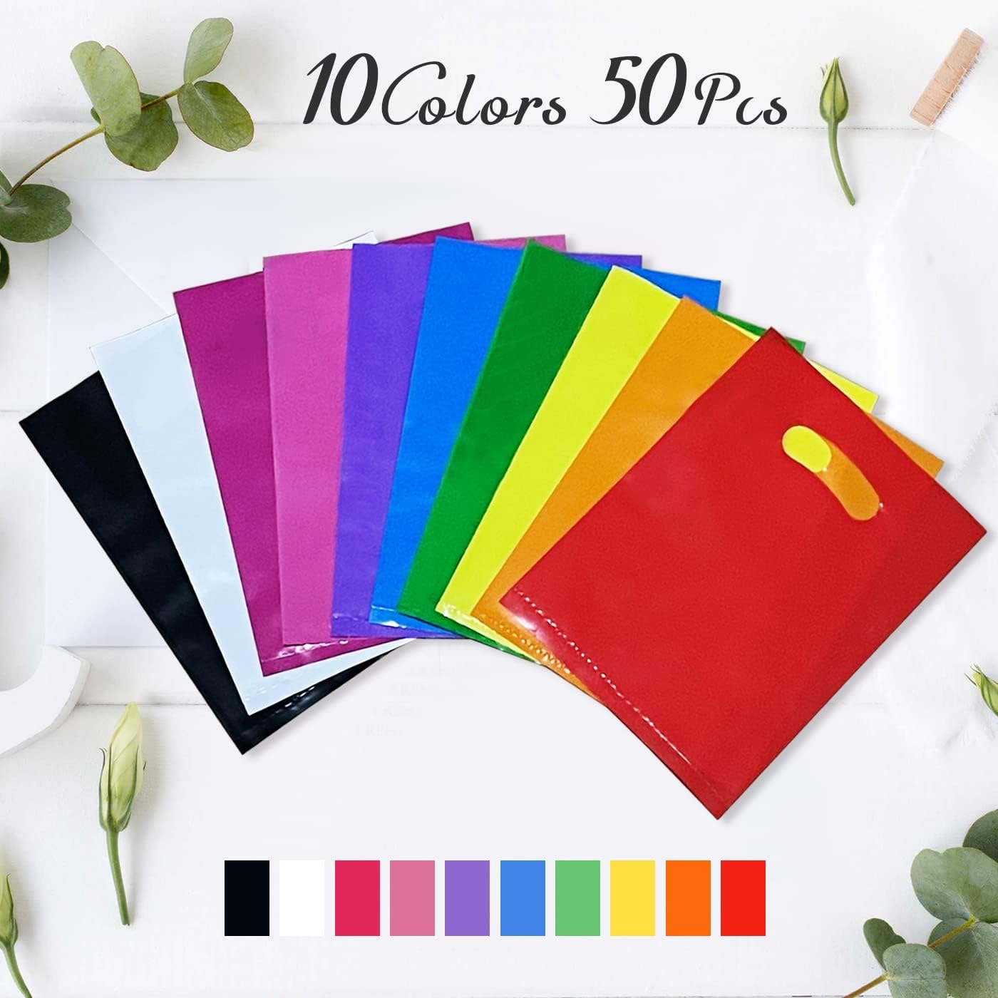 Plastic Party Favor Bags, 50 PCS 6" x 8" Assorted Color Party Goodie Bags for Kids, Plastic Favor Bag Bulk with Handle for Kids Birthday Party, Christmas, Halloween, Weddings