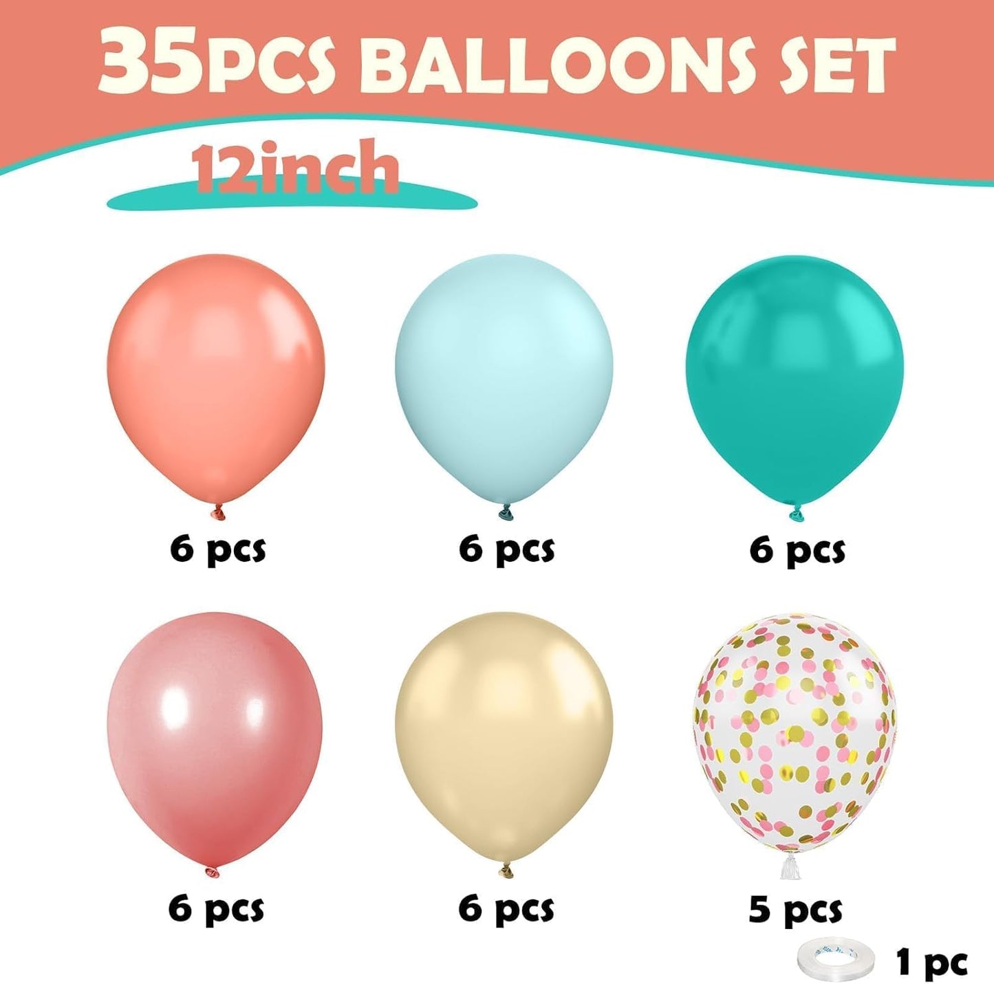 Rose Gold Blush Blue Balloons, 12 Inchs Teal Retro Apricot Confetti Balloons for Girls Kids Cratoon Theme Birthday Baby Shower Wedding Summer Pool Beach Hawaiian Tropical Party Decorations