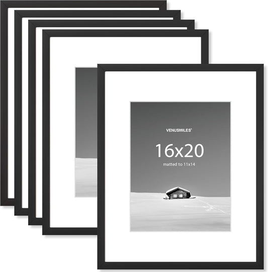 16x20 inch Picture Frame, 16x20 Photo Frames with 11x14 Removable Mat - High Definition Plexiglass - Vertical and Horizontal Display - Wall Hanging Frame - Black, 5 Pack
