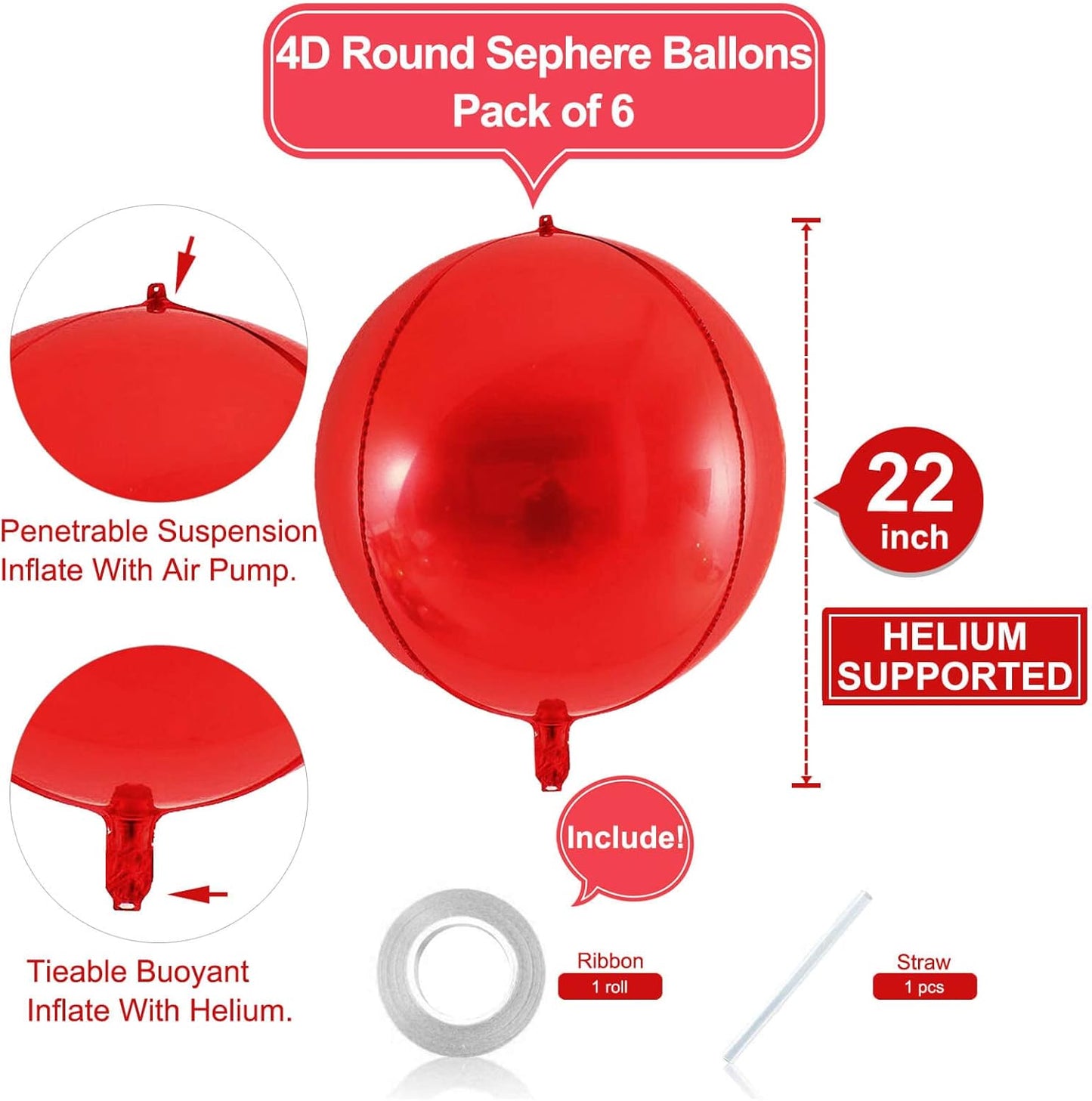 LHOAVWE 6 Pack 22 Inch 4D Red Balloons: 6 Pcs Round Foil Balloons (Uninflated) + Straw + 32 Foot Ribbon Roll - Red, Perfect for Birthday Parties