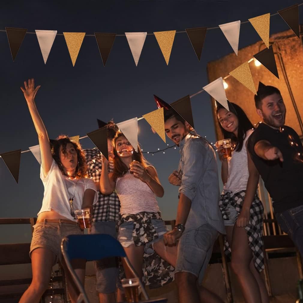 Triangle Flag Bunting Banner, MerryNine 3 Pack 30 Feet Vintage Style Pennant Banner for Wedding, Baby Shower, Event & Party Supplies 78pcs Flags (Triangle Flag - Black Silver Gold Glitter)