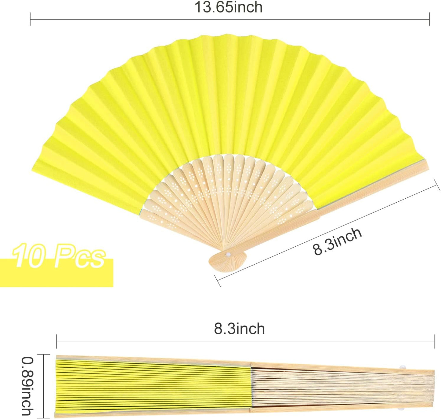 FEPITO 20 Pieces Handheld Yellow Paper Fan Paper Folding Fans with Bamboos for Wedding Gift, Party, Home